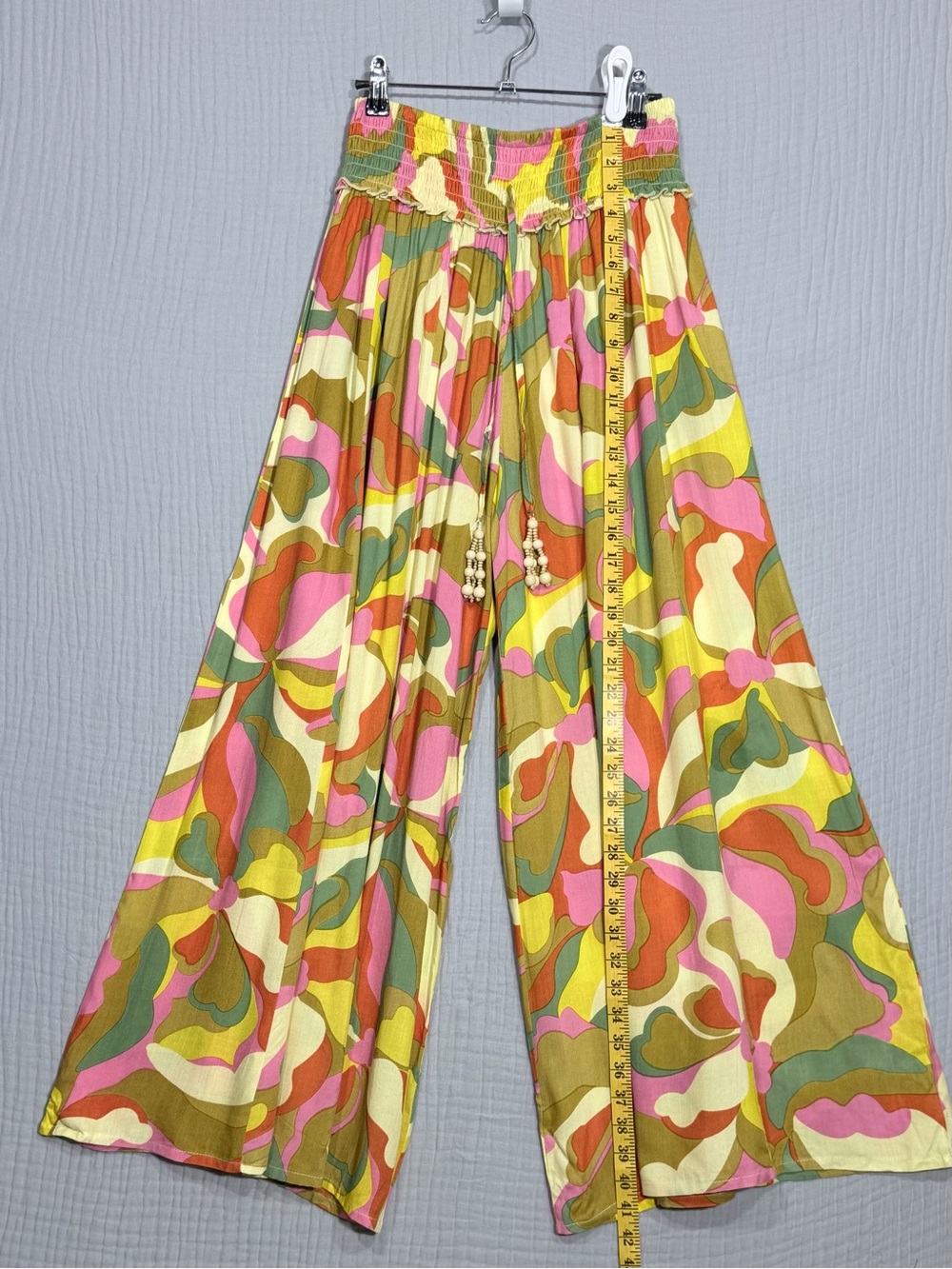 Smocked-Waist Wide Leg Palazzo Pants in Pink & Olive Abstract - Picture 5 of 8
